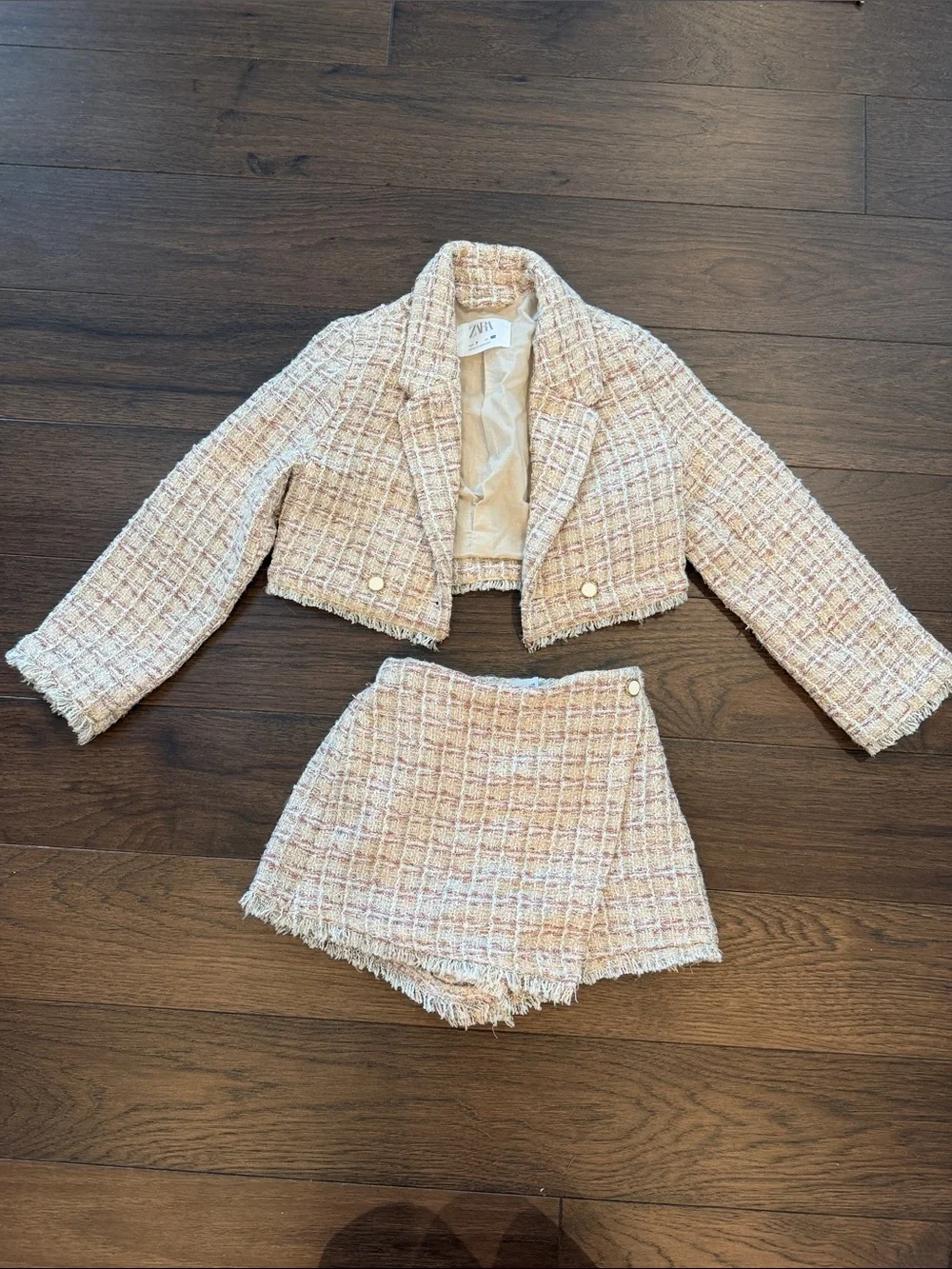 Zara Girls Cropped Tweed Two-Piece Set - Pink/White Size 7 - C36-200